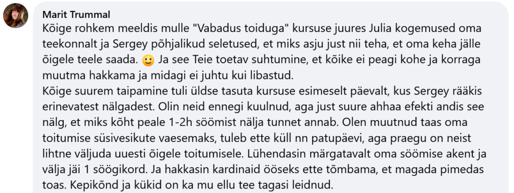 Marit Trummal tagasiside_Vabadus toiduga 25